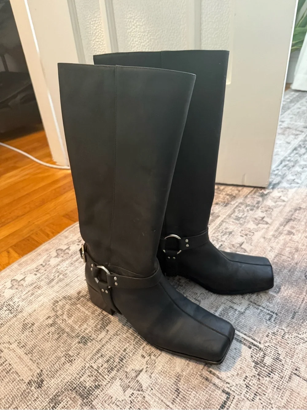 Nakedice Black Leather Knee Boots with Harness Detail